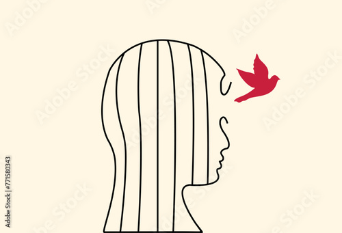 Bird breaking freedom from mental captivity illustration