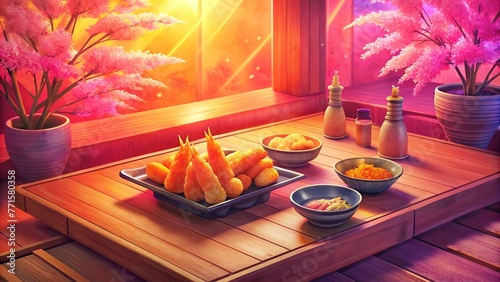 Traditional wooden tempura in a casual spring Japanese style dining set.