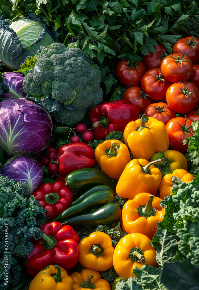 A colorful assortment of vegetables including broccoli, tomatoes, and peppers.