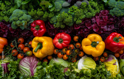 A colorful assortment of vegetables including tomatoes  peppers  and lettuce. Concept of abundance and freshness  showcasing the variety of produce available