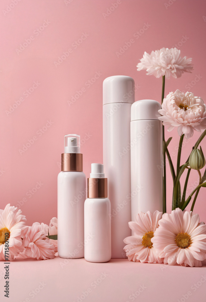 Mock up of beauty skincare product inside blank bottles on soft pink background. Side view template of floral showcase with cream, spray, gel, lotion or serum cosmetic tubes, jars with flowers Mock up of beauty skincare product inside blank bottles on soft pink background. Side view template of floral showcase with cream, spray, gel, lotion or serum cosmetic tubes, jars with flowers