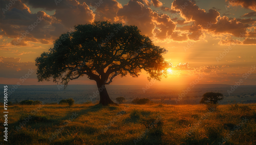 A tree stands in a field with a beautiful sunset in the background. The sky is filled with clouds, and the sun is setting, casting a warm glow over the landscape.