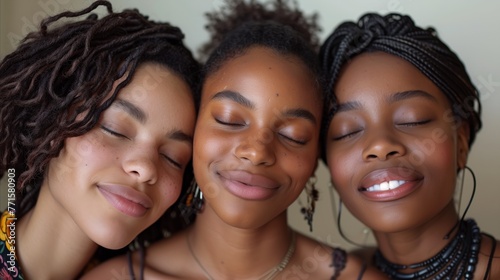 Serene Trio of Smiling Young Women With Closed Eyes