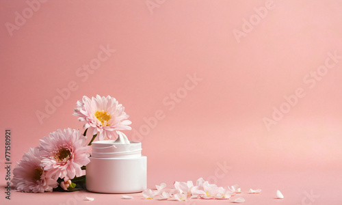 Mock up of unbranded blank opened jar with spa skincare cream, lotion, gel on soft pink background with flowers and copy space for text. Cosmetic product presentation, hygienic packaging template