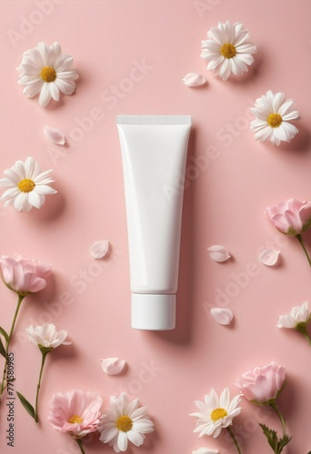 Mock up of unbranded white blank tube with skincare cream, lotion, gel on soft pink background with flowers and petals. Cosmetic product advertisement, beauty spa packaging template. Top view flat lay
