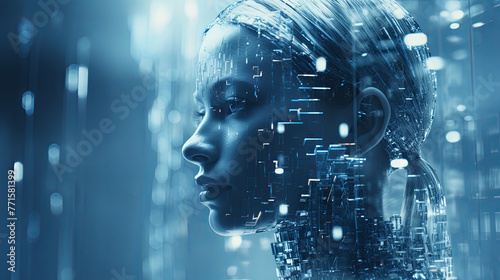 Futuristic robot woman representing artificial intelligence in a digital world, female-form android on abstract digital code
