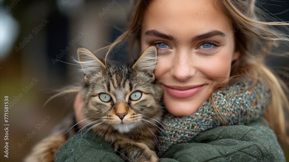 Smiling Woman Embracing Tabby Cat Outdoors