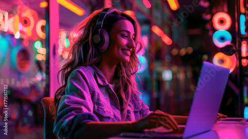 a beautiful woman wearing headphones, working on her laptop or personal computer in front of neon lights, in the modern office workplace.
