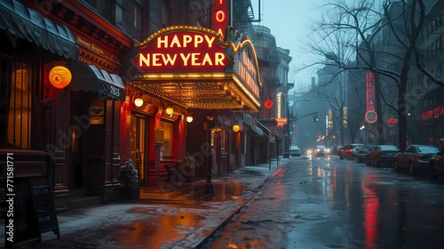 A vintage marquee sign displaying "HAPPY NEW YEAR 2025" outside an old theater