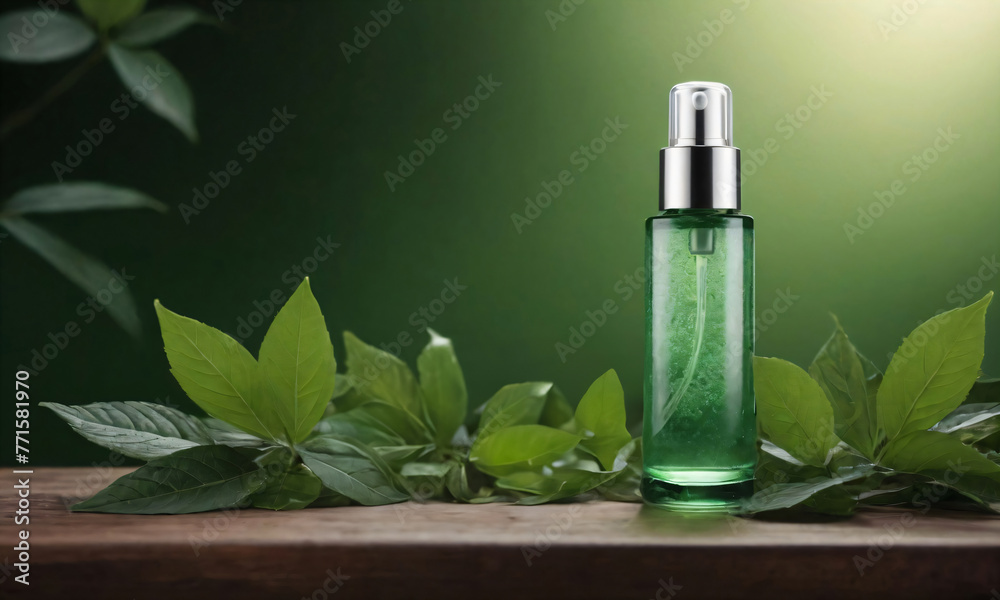 Mock up of organic glass cosmetic bottle with metal cap surrounded by leaves on green background. Natural skincare packaging, eco product with dispenser (serum, essence, oil, lotion). Spa treatment Mock up of organic glass cosmetic bottle with metal cap surrounded by leaves on green background. Natural skincare packaging, eco product with dispenser (serum, essence, oil, lotion). Spa treatment