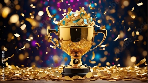 Victory and triumph in a competition are symbolized by a glittering gold winners trophy cup that takes center stage and is surrounded by a brilliant explosion of celebration confetti and shimmering gl