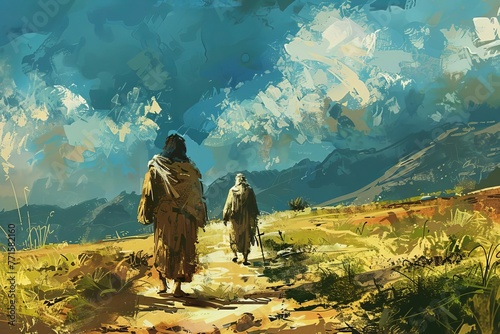 Abraham and Isaac Walking to Sacrifice, Biblical Story Digital Painting Illustration photo