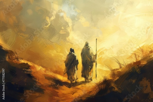 Abraham and Isaac Walking to Sacrifice, Biblical Story Digital Painting Illustration