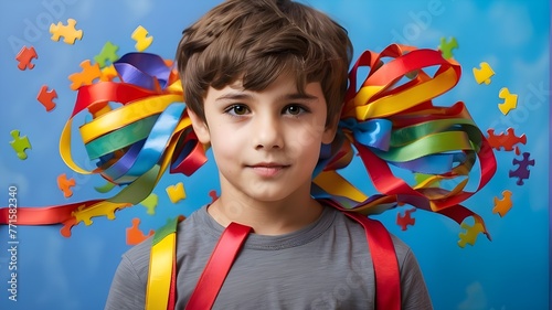 On World Autism Spectrum Disorder Awareness Day, a child wearing a ribbon usually displays a vibrant puzzle design, signifying the variety and complexity of people with autism spectrum disorders. photo