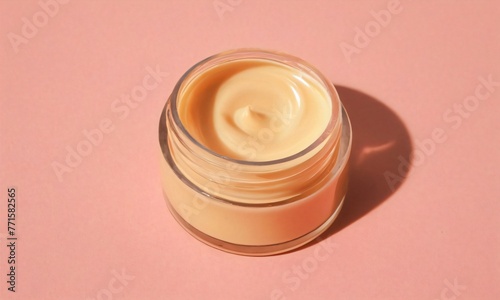 Mock up of glass blank jar with opened cap and skincare cream, lotion, gel inside on pink background. Cosmetic product for face and body advert, beauty spa packaging or makeup container template