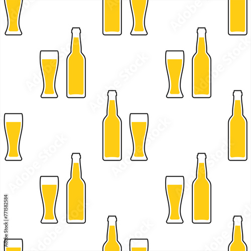Beer bottles and glasses. Vector seamless pattern. Stylized elements on white background. Best for textile, bar decoration, wallpapers, wrapping paper, package and your design.