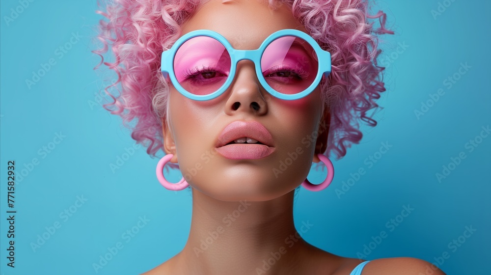 Fashionable Woman With Pink Curly Hair and Oversized Sunglasses Against Blue Background