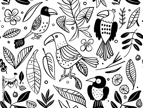 Black and white outline drawing with the theme of tropical birds. White background. 