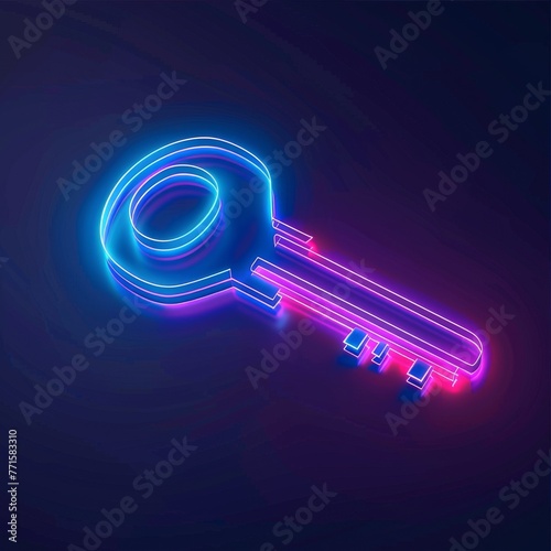 Encryption key icon in neon, secure illustration, 4K photo