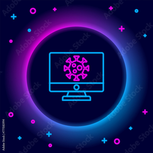 Glowing neon line Virus statistics on monitor icon isolated on black background. Corona virus 2019-nCoV. Bacteria and germs, cell cancer, microbe, fungi. Colorful outline concept. Vector