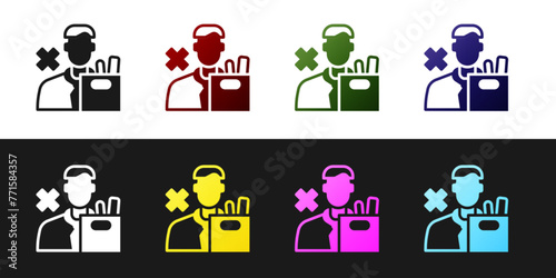 Set Dismissed sad young man carrying box with his personal belonging leaving his job icon isolated on black and white background. Employee fired from work. Vector