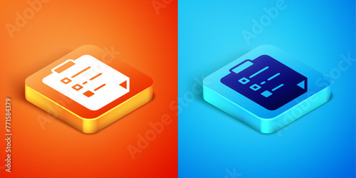 Isometric Clipboard with checklist icon isolated on orange and blue background. Control list symbol. Survey poll or questionnaire feedback form. Vector