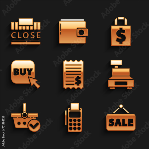 Set Paper check and financial check, POS terminal with credit card, Hanging sign Sale, Cash register machine, Shopping basket mark, Buy button, Shoping bag dollar and building text closed icon. Vector