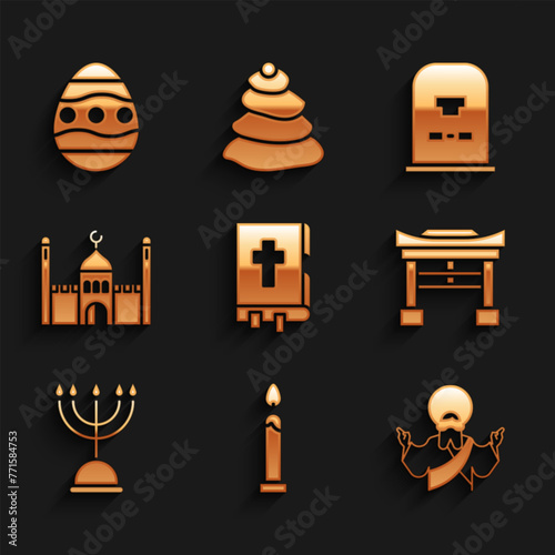 Set Holy bible book, Burning candle, Jesus Christ, Japan Gate, Hanukkah menorah, Muslim Mosque, Tombstone with RIP written and Easter egg icon. Vector