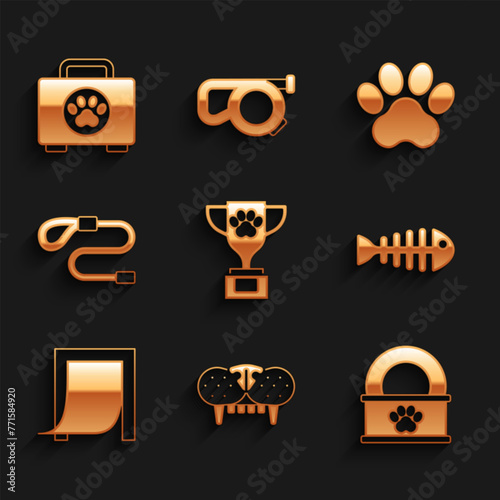 Set Pet award, Cat tooth, Canned food, Fish skeleton, Door for pet, Retractable cord leash, Paw print and first aid kit icon. Vector