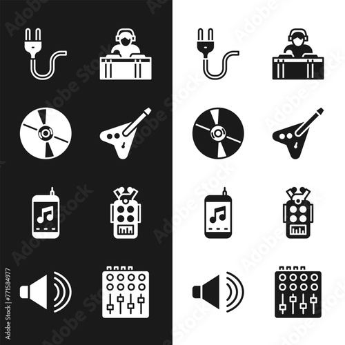 Set Electric bass guitar, CD or DVD disk, plug, DJ playing music, Music player, Microphone, Sound mixer controller and Speaker volume icon. Vector