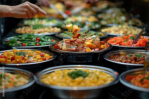 A man is serving food from a buffet table. The table is full of food, including a variety of vegetables and meats. The atmosphere is casual and inviting, with people enjoying the food © Graph Squad