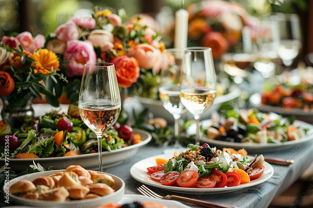 A table with a variety of food and drinks, including wine glasses