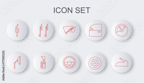 Set line Car handbrake, Windscreen wiper, wheel, muffler, Gear shifter and Steering icon. Vector