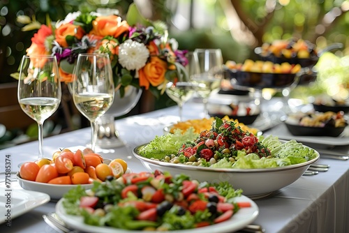 A table with a variety of food and drinks, including wine glasses and a vase of flowers