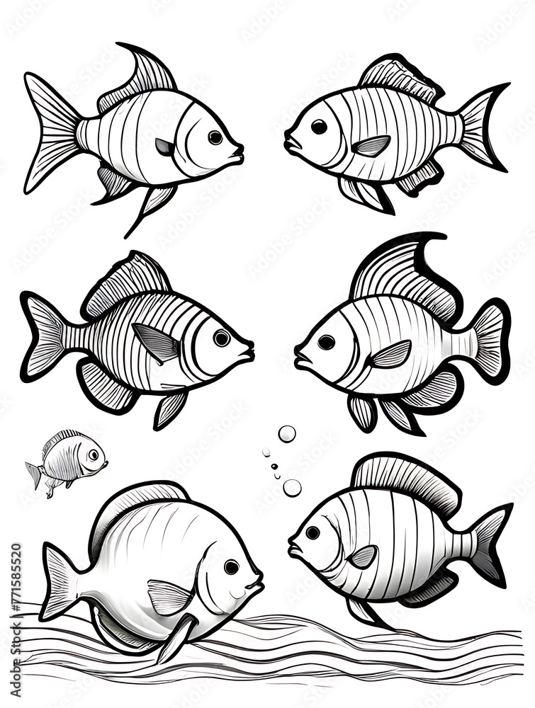 fish for a toddlers sketch with line smoothly outline shape coloring page, white background, ai generated 
