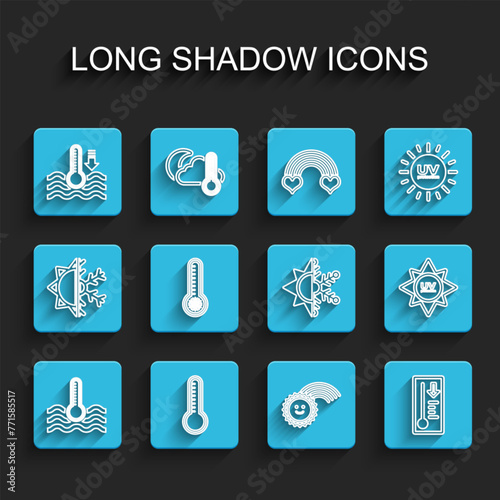 Set line Water thermometer, Meteorology, Rainbow with sun, UV protection and Sun and snowflake icon. Vector