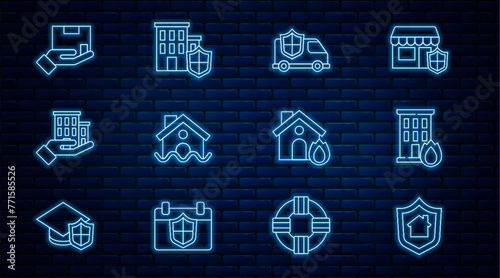 Set line House with shield, Fire in burning house, Car, flood, insurance, Delivery, and icon. Vector