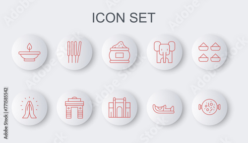 Set line Chicken tikka masala, Hands in praying position, Indian spice, shoes, Aroma lamp, sticks, incense, Gate Delhi and icon. Vector