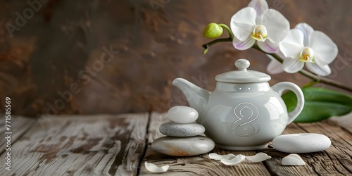 Stock image of a white ceramic Neti pot with OM symbol zen stones orchid flower on wooden background. Concept Product photography, Wellness concept, Zen lifestyle, Natural remedies