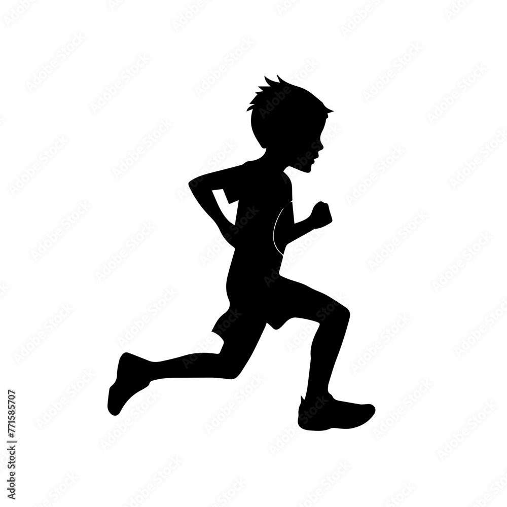 Simple black silhouette SVG of a young boy running, white background 