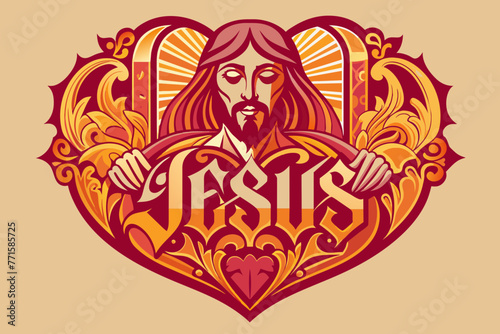 Fototapeta Naklejka Na Ścianę i Meble -  Art Nouveau Jesus typography in a heart design.