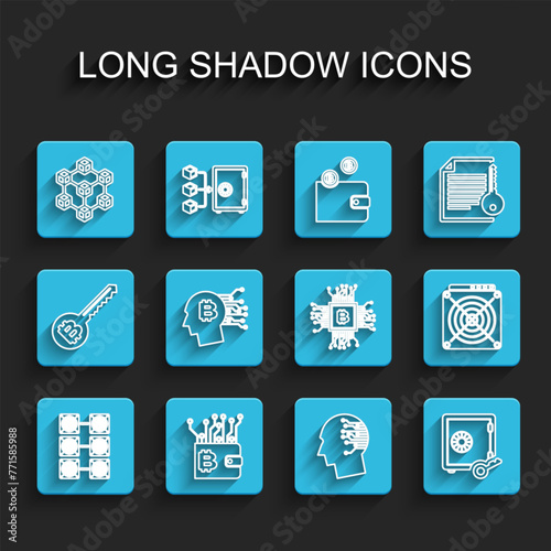 Set line Mining farm, Cryptocurrency wallet, Blockchain technology, Brain as digital circuit board, Proof of stake, Bitcoin think, ASIC Miner and CPU mining icon. Vector