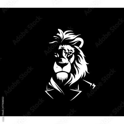 Simple black silhouette of a lion wearing suit, white background 