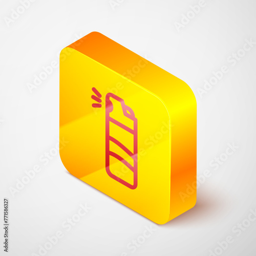 Isometric line Pepper spray icon isolated on grey background. OC gas. Capsicum self defense aerosol. Yellow square button. Vector