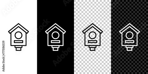 Set line Bird house icon isolated on black and white background. Nesting box birdhouse, homemade building for birds. Vector