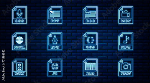Set line RAW file document, MP3, DOC, EPS, HTML, OGG, CSS and PPT icon. Vector