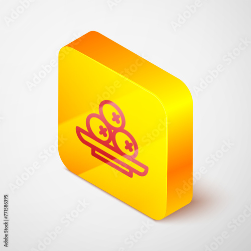 Isometric line Olives on plate icon isolated on grey background. Yellow square button. Vector