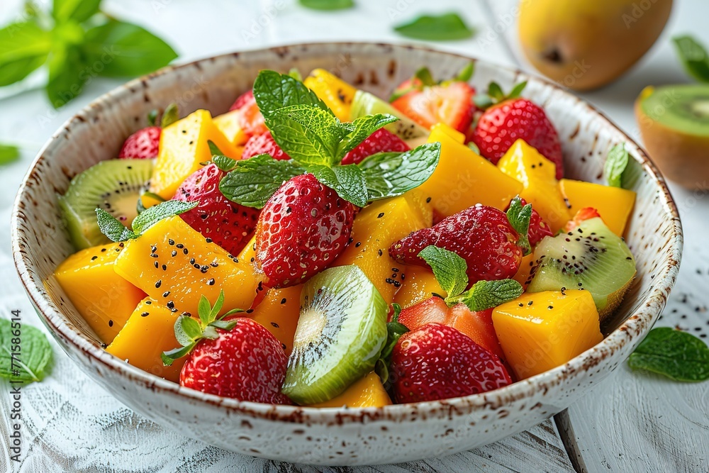 Fruit salad with mango, kiwi, and strawberries on a white wooden table. A top view of a colorful fruit bowl Fruit salad with mango, kiwi, and strawberries on a white wooden table. A top view of a colorful fruit bowl