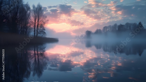 "HAPPY NEW YEAR 2025" reflected on the surface of a tranquil lake at dawn, with mist rising from the water