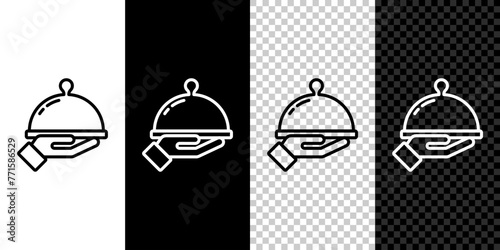 Set line Covered with a tray of food icon isolated on black and white, transparent background. Tray and lid sign. Restaurant cloche with lid. Vector photo